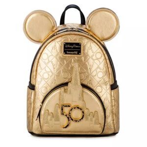 Walt Disney World 50th Anniversary Genuine Leather 24k Gold Loungefly Backpack
